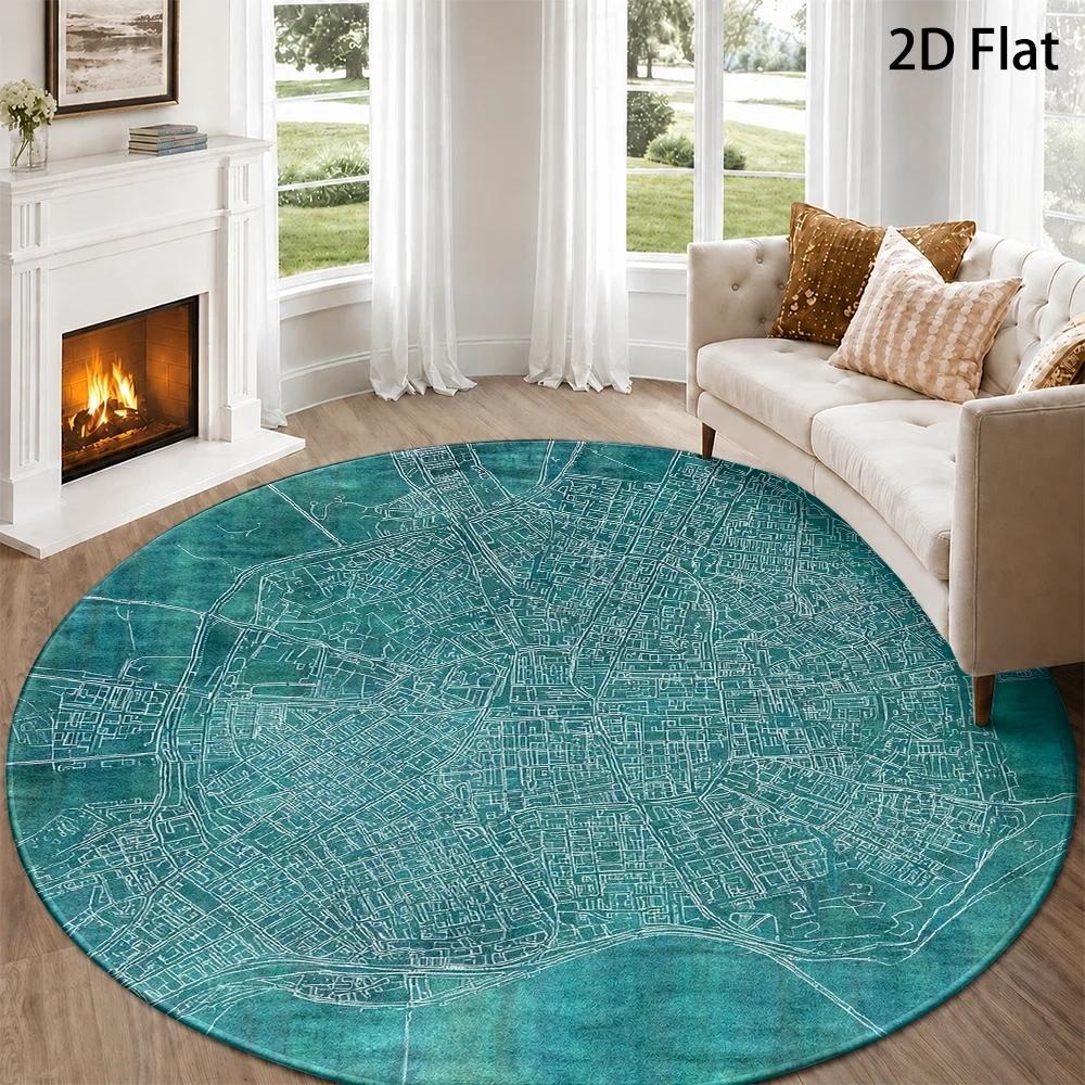 Commercial Road Printing - Teal City Map Round Rug Vintage